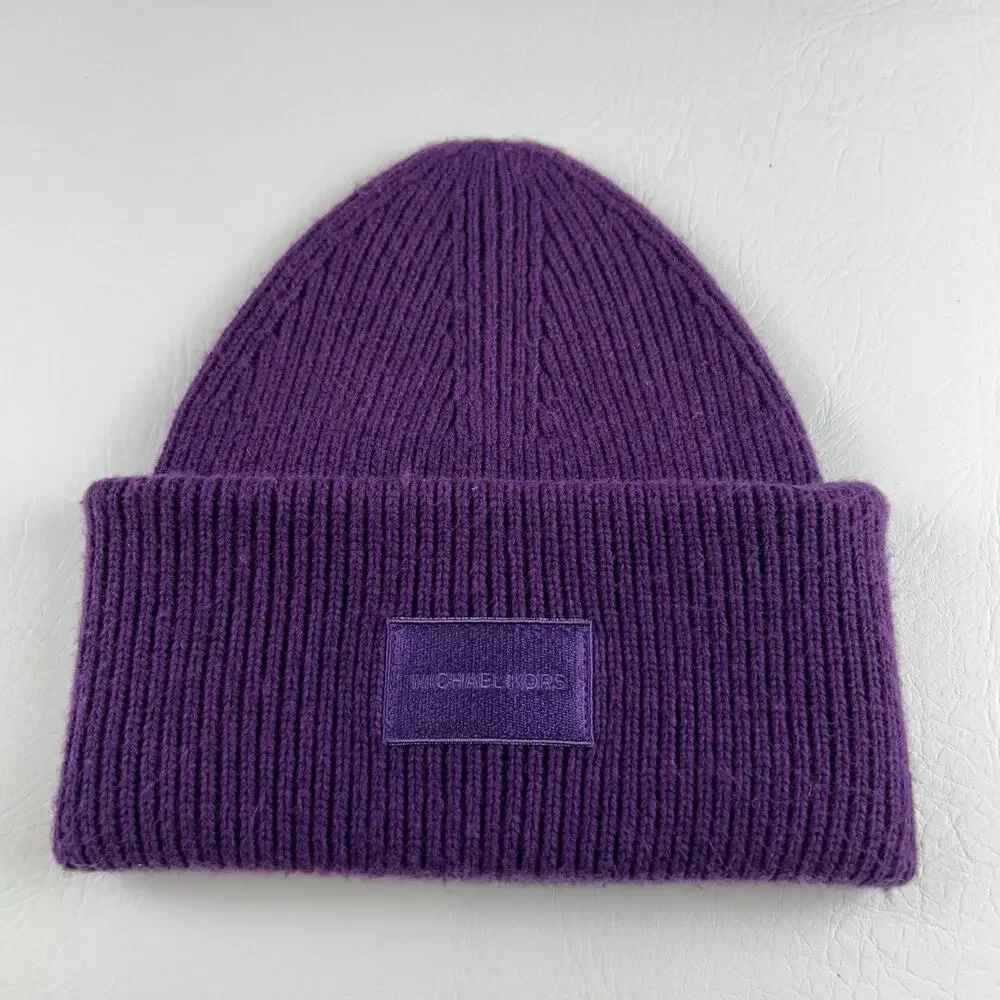 Michael Kors Purple Cuffed Beanie Women’s Wool Blend Ribbed Knit Logo Hat